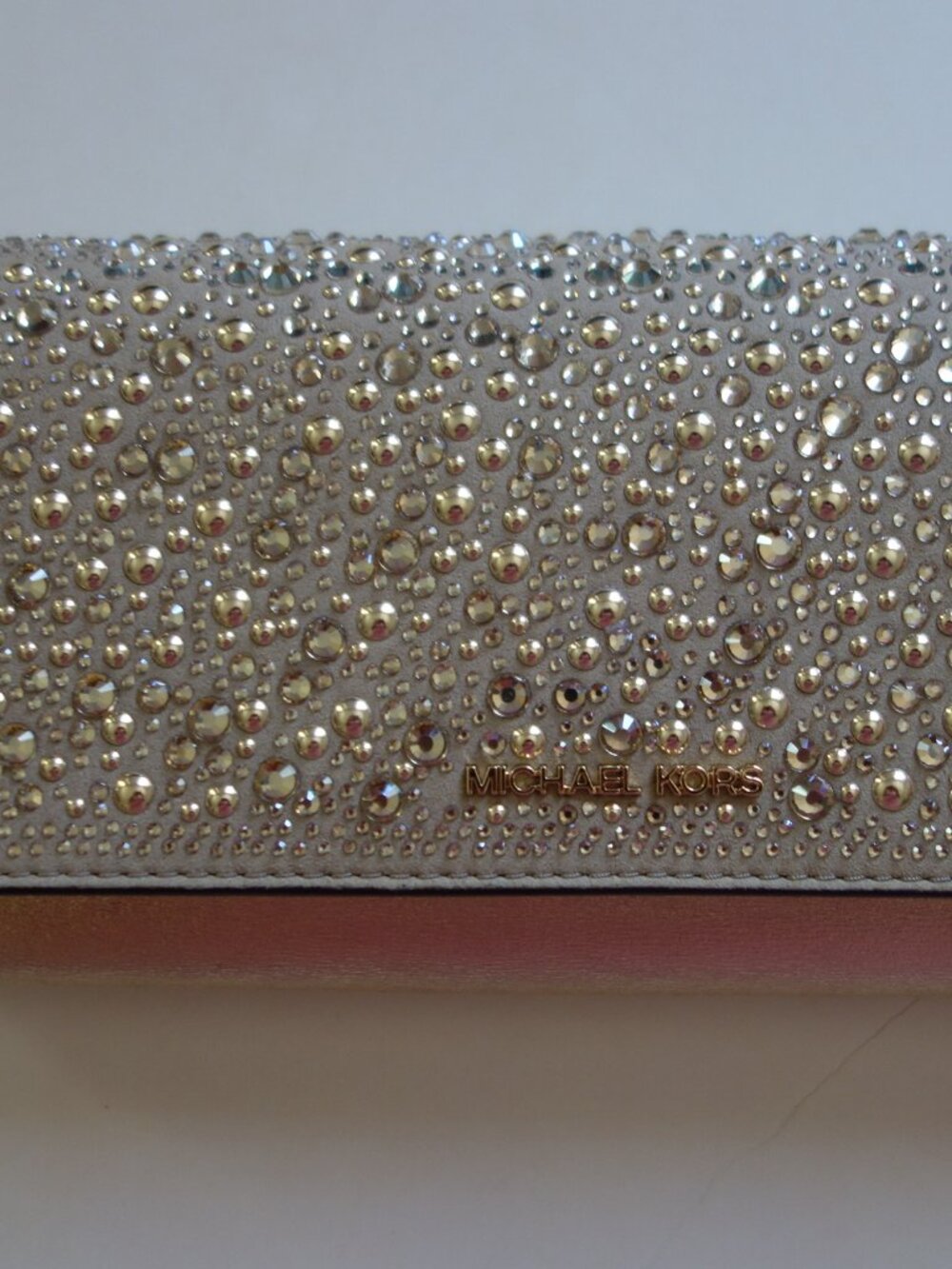 MICHAEL KORS JET SET TRAVEL PALW GOLD MO FLAP CLUTCH LEATHER CLUTCH New